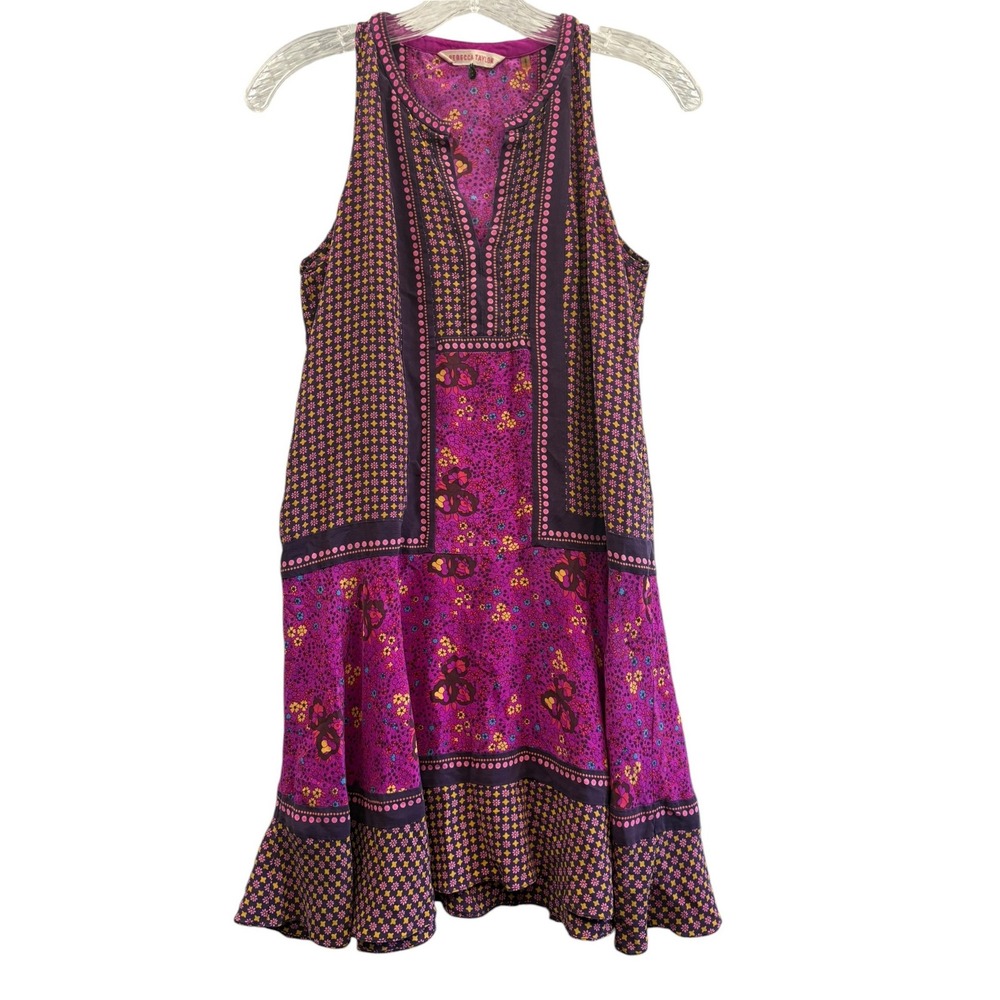 Rebecca Taylor Silk Floral Sleeveless Mini Dress Pink Purple Boho Tiered 2